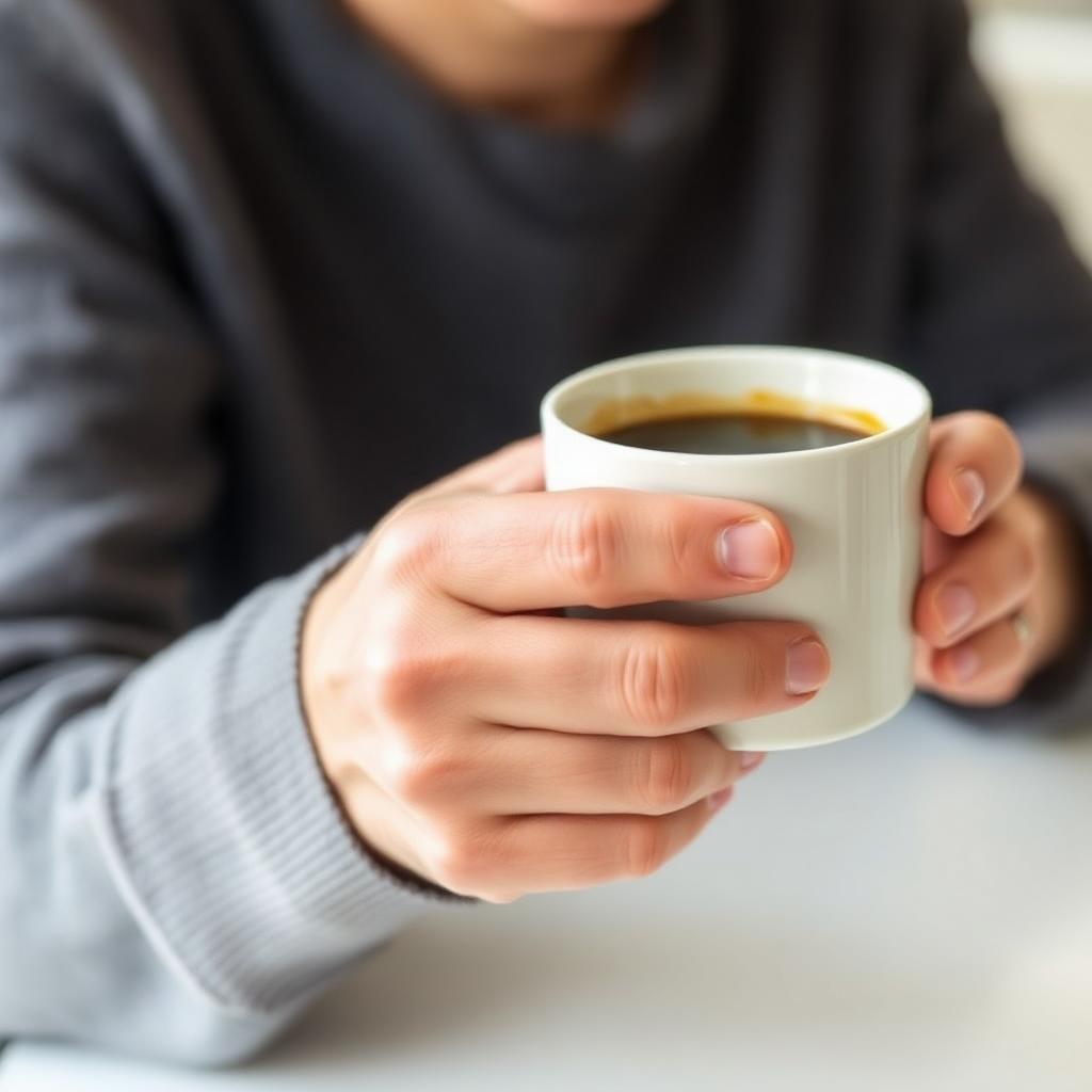 Mano con temblor sosteniendo una taza